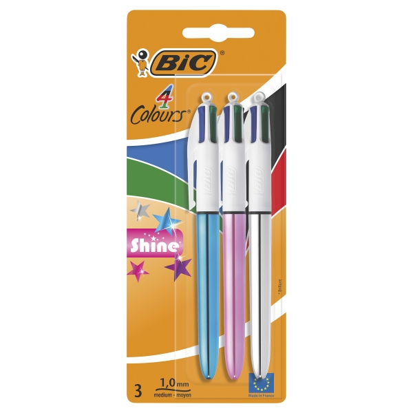 BIC 4 Colours Shine Ballpoint Pens 3 Pack 