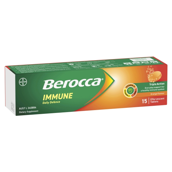 Berocca Effervescent Tablets Immune Daily Defence Vitamin C & D Orange Flavour 15 Pack