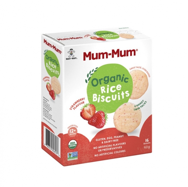 Mum-Mum Organic Rice Biscuits Strawberry 12+ Months 16 Pack 40g