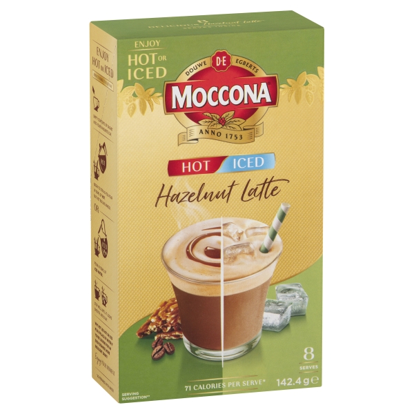 Moccona Coffee Sachets Hot or Iced Hazelnut Latte 8 Pack 142g 