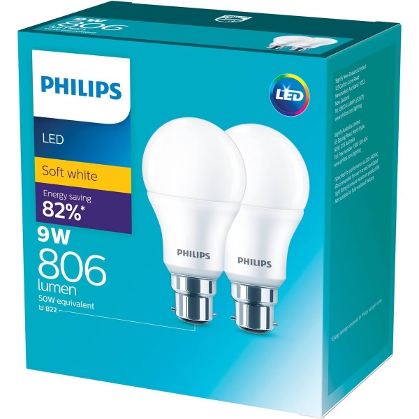 Philips Globe LED Bayonet Cap 9W Warm White 2 Pack