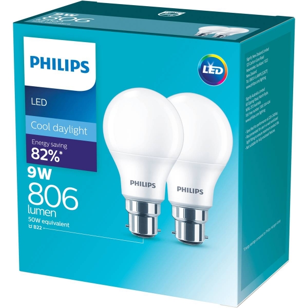 Philips Globe LED Bayonet Cap 9W Cool Daylight 2 Pack