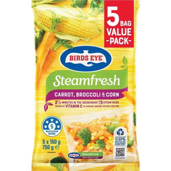 Birds Eye Steam Fresh Carrots, Broccoli & Corn 5 Pack 750g