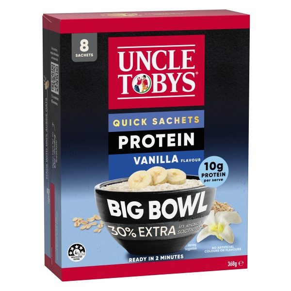 Uncle Tobys Quick Oats Big Bowl Vanilla Protein Sachets 368g