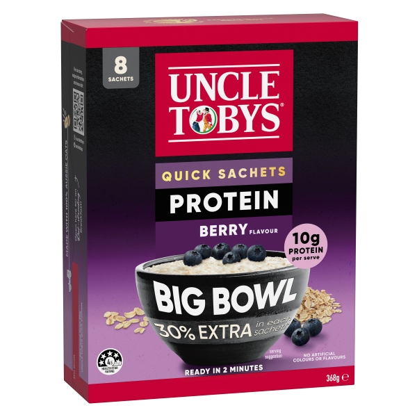 Uncle Tobys Quick Oats Big Bowl Berry Protein 8 Sachets 368g