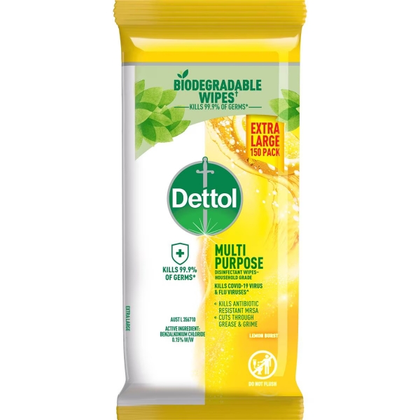 Dettol Multipurpose Biodegradable Disinfectant Wipes Lemon Burst 150 pack