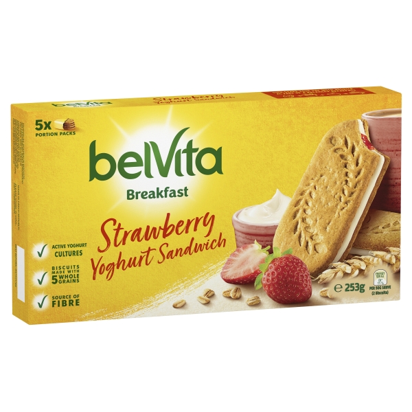 Belvita Breakfast Biscuit Strawberry Yoghurt Sandwich 5 Pack 253g