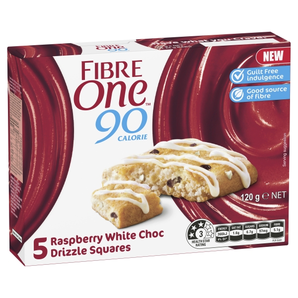 Fibre One Drizzle Squares Raspberry White Choc 5 Pack 120g
