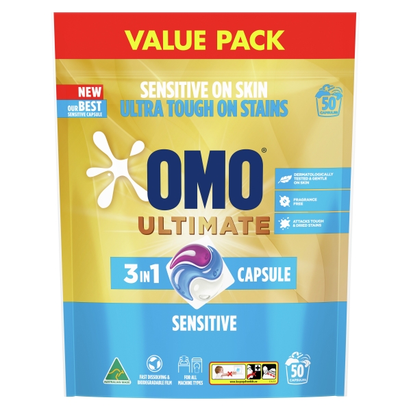 Omo Laundry Capsules 3 In 1 Ultimate Sensitive 50 Pack