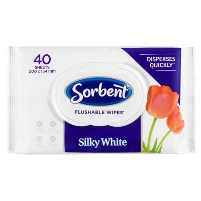 Sorbent Silky White Flushable Wipes 40 Pack
