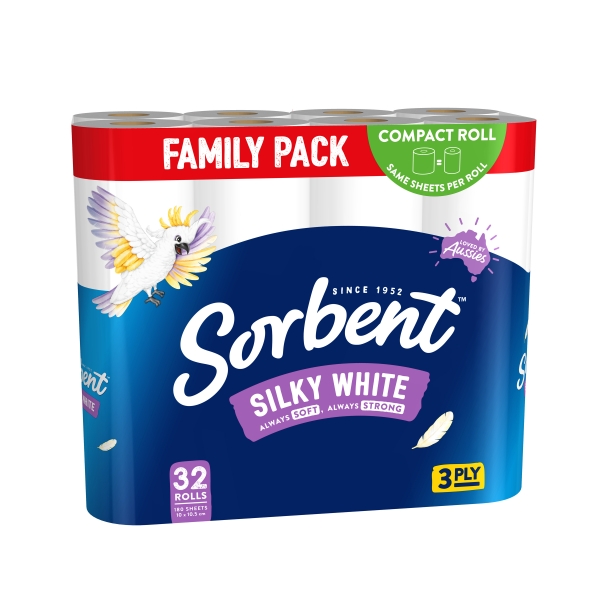 Sorbent Toilet Rolls Silky White 3 Ply 32 Pack