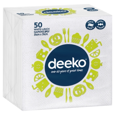 Deeko Serviettes White 2 Ply 50 Pack