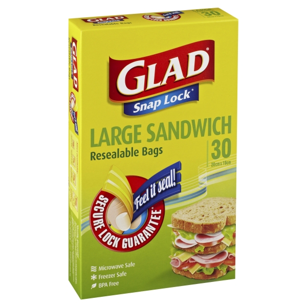Glad Snap Lock Resealable Bag Sandwich Large 30 Pack