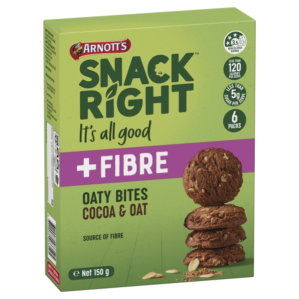 Arnott's Snack Right +Fibre Oaty Bites Cocoa Oat 6 Pack 150g 
