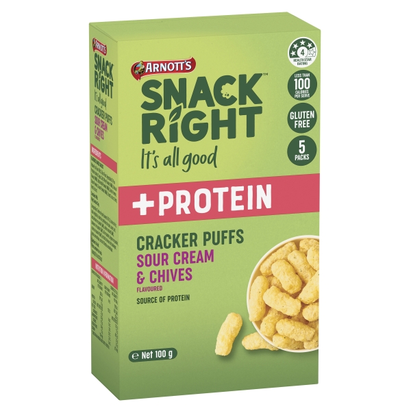 Arnott's Snack Right +Protein Cracker Puffs Sour Cream & Chives 5 Pack 100g