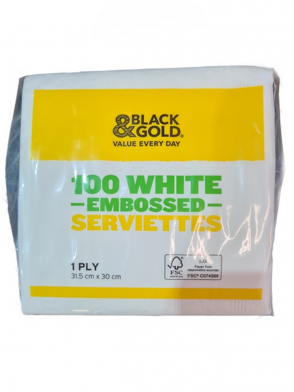 Black & Gold White Embossed Serviettes 100 Pack