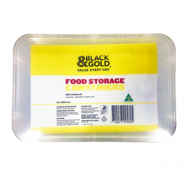 Black & Gold Food Storage Containers Rectangle 650ml 5 Pack