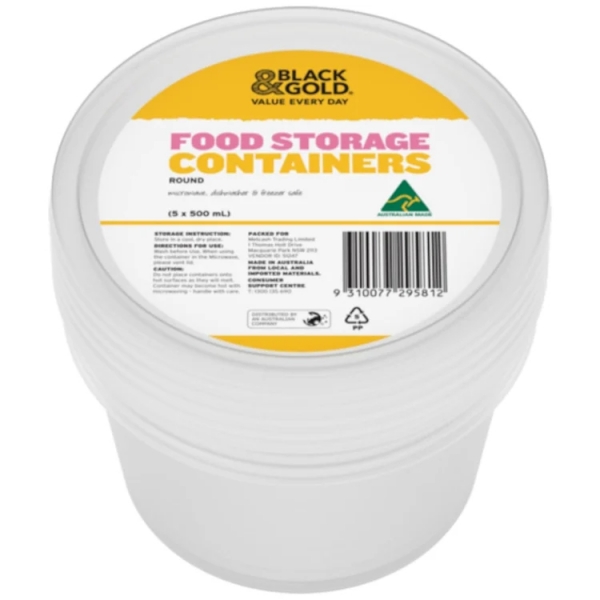 Black & Gold Food Storage Containers Round 500ml 5 Pack