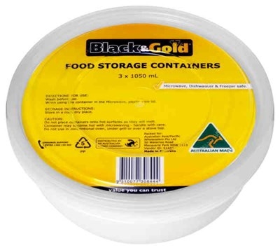 Black & Gold Food Storage Containers Round 1.05lt 3 Pack