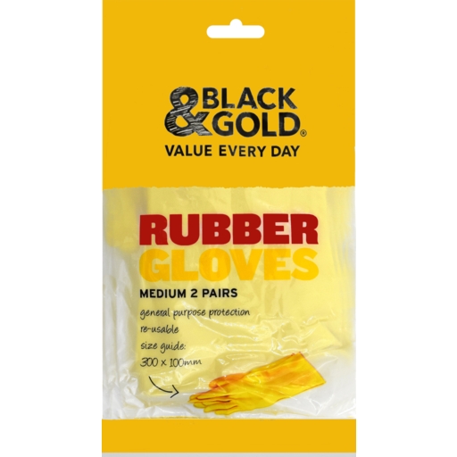 Black & Gold Rubber Gloves Medium 2 Pack 