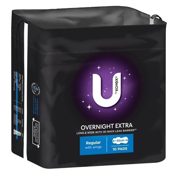 U By Kotex Overnight Extra Pads Wings Regular 10 Pack