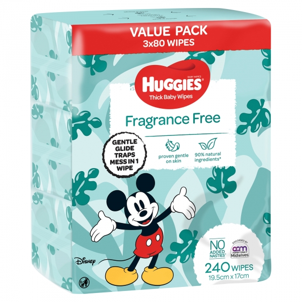 Huggies Baby Wipes Fragrance Free 3 x 80 Pack
