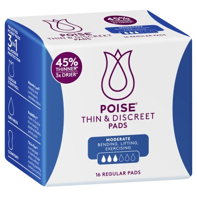 Poise Pads Thin & Discreet Regular 16 Pack
