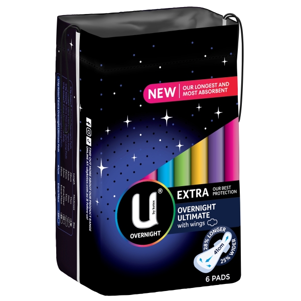 U By Kotex Extra Overnight Ultimate Pads Wings 6 Pack