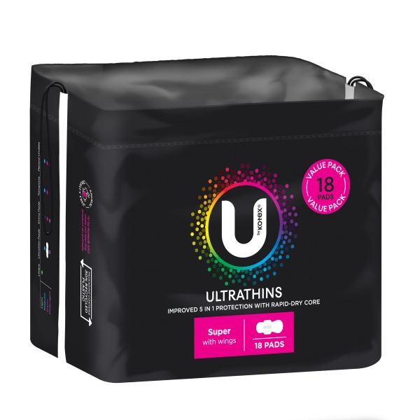 U by Kotex Ultrathin Pads Super With Wings 18 Pack