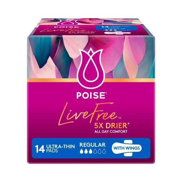 Poise Pads Live Free Ultra Thin With Wings Regular 14 Pack