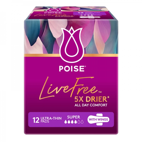 Poise Pads Live Free Ultra Thin With Wings Super 12 Pack