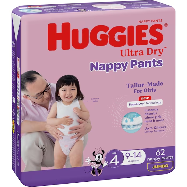 Huggies Nappy Pants Girl Size 4 9-14kg 62 Pack