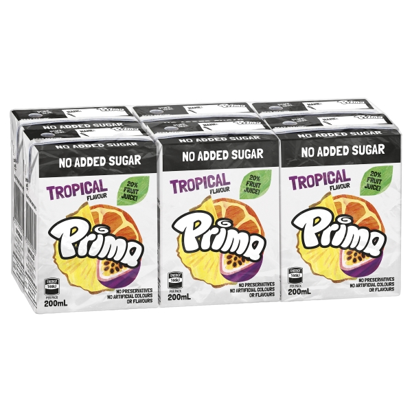 Prima Tropical Fruit Drink No Added Sugar 6 x 200ml
