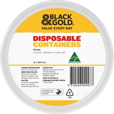 Black & Gold Food Containers Round 280ml 6 Pack