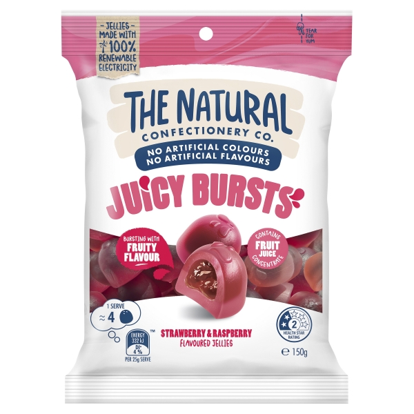 The Natural Confectionery Co Juicy Bursts Strawberry & Raspberry 150g