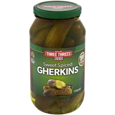 Three Three's Sweet Spiced Gherkins 540g