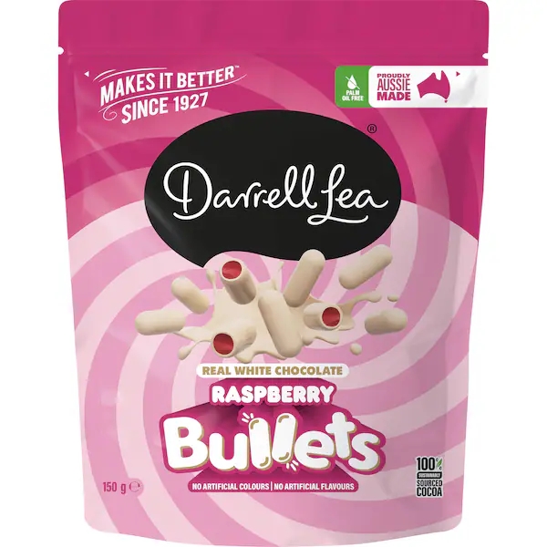 Darrell Lea Bullets White Choc Raspberry 150g