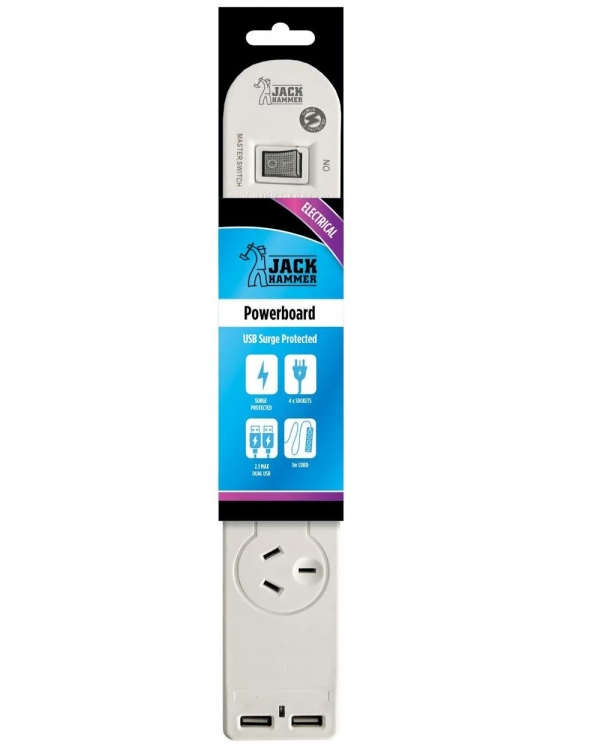 Jack Hammer 3 Outlet Powerboard USB A & C