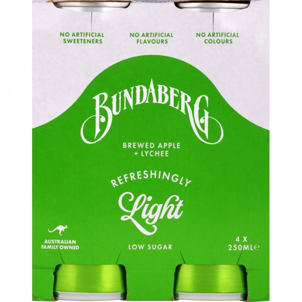 Bundaberg Refreshingly Light Apple & Lychee 4 x 250ml Cans