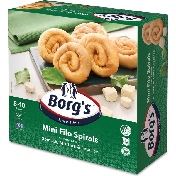 Borg's Mini Filo Spirals Spinach, Mizithra & Feta 450g