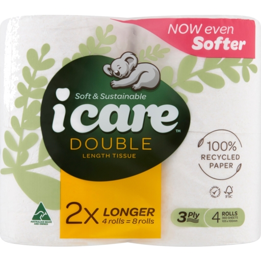 iCare White 3 Ply Toilet Paper Double Length 4 Rolls