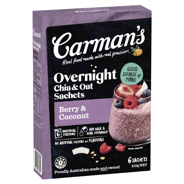 Carman's Overnight Chia & Oat Sachets Berry & Coconut 6 Pack 210g