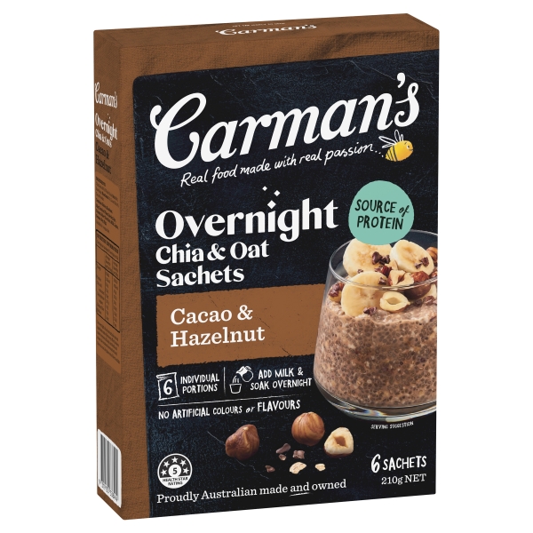 Carman's Overnight Chia & Oat Sachets Cacao & Hazelnut 6 Pack 210g