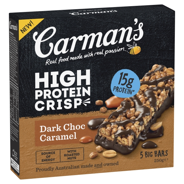 Carman's High Protein Crisp Dark Choc Caramel 5 Pack 250g