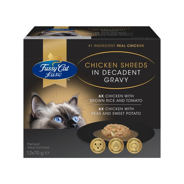 Fussy Cat Luxe Chicken Shreds in Decadent Gravy 12 Pack 840g