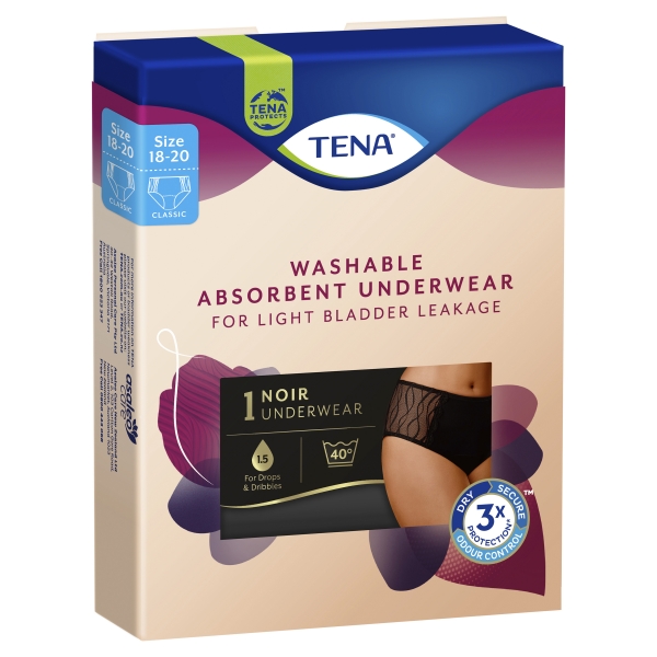 Tena Women's Washable Absorbent Underwear Black Size 18-20 (XL) 1 Pack
