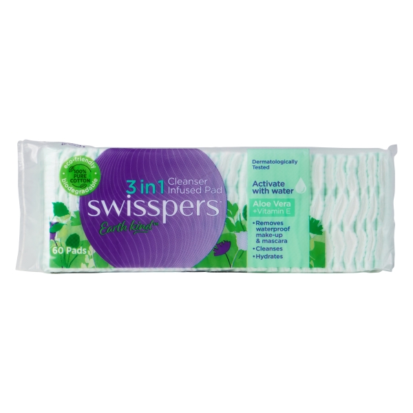 Swisspers Earth Kind 3in1 Cleanser Pads Aloe Vera & Vitamin E 60 Pack