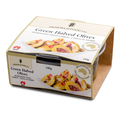 Penfield Green Halved Olives Marination Garlic Chilli Herb 190g