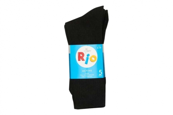 Rio Mens Sock Cotton Crew Black Size 6-10 5 Pack