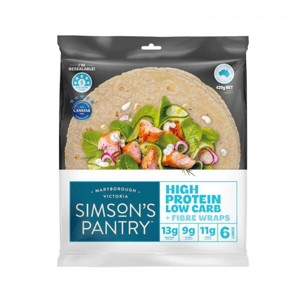 Simson's Pantry Wraps Low Carb High Protein + Fibre 6 Pack 420g